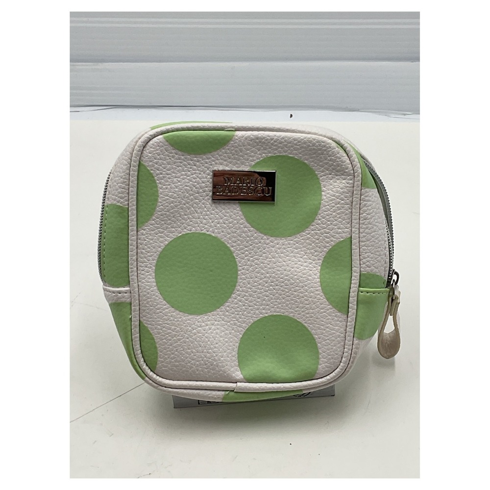 Mario Badescu Polka Dot Cosmetic Bag White Green Faux Leather Travel Pouch 6.5"